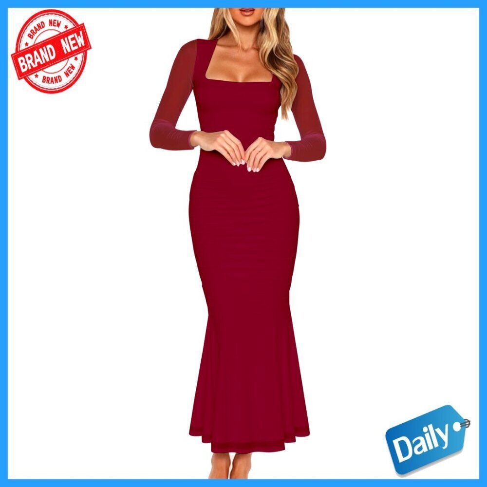 Ruched Bodycon Maxi Dress Mesh Square Neck Long Sleeve Elegant Cocktail Party